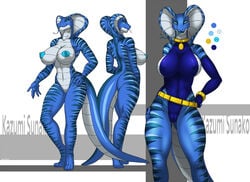 anthro big_breasts breasts cameltoe clothing collar curvaceous female hi_res link2004 looking_at_viewer model_sheet nipples nude pussy reptile scalie snake solo standing thick_thighs tight_clothing tongue tongue_out