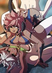 2girls ass ass_grab au_ra big_breasts boots breast_press breast_squeeze cum cum_inside dark_skin female final_fantasy final_fantasy_xiv green_eyes jewelry kinkymation l'cielle_lhas(ci) large_breasts lingerie male miqo'te pink_eyes pink_hair sex sin_faye stockings tanned tattoo thong white_hair xaela