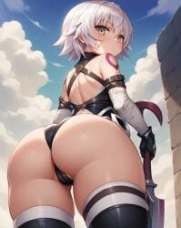 ai_generated ass ass_focus back_view bare_thighs big_ass big_butt blush curvaceous curvy_female fat_ass fate/apocrypha fate/grand_order fate_(series) g-cup gigantic_ass golden_eyes huge_thighs jack_the_ripper_(fate) jack_the_ripper_(fate/apocrypha) light-skinned_female light_skin looking_back massive_ass pussy_visible_through_panties short_hair solo_female stockings thick_thighs thighs thighs_bigger_than_head white_hair