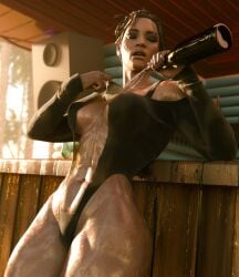 1girls 3d ass big_ass big_breasts breasts brown_hair cameltoe cd_projekt_red cyberpunk_(series) cyberpunk_2077 dark-skinned_female dark_skin female female_only large_ass onesie panam_palmer pouring_on_self pouring_onto_self solo thick_thighs thighs vexonair wide_hips