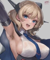 1girls arm_up armpit_hair armpits blonde_hair blue_eyes braided_hair colorado_(kantai_collection) dress_shirt kantai_collection sideboob