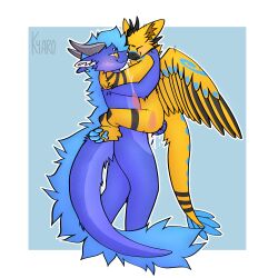 anal anal_sex anthro arms_around_neck big_dom_small_sub big_tail blue_body blue_fur blush bodily_fluids cheek_tuft cuddling cum cum_drip cum_in_ass cum_inside cumshot dominant dragon dripping duo dusk_(duskthedutchie) dutch_angel_dragon ear_tuft ejaculation facial_tuft fur furred_dragon fuzzy genital_fluids genitals happy happy_sex hi_res hindpaw holding_butt horn hug internal internal_anal kyaro looking_at_another looking_at_partner looking_pleasured male male/male motion_lines mythological_creature mythological_scalie mythology pawpads paws penetration penile penile_penetration penis penis_in_ass penis_silhouette scalie sex size_difference smaller_penetrated smile standing standing_sex tail tuft wings yellow_body zertyz_(character)