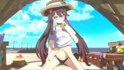 1boy 1girls 3d beach beach_hat bed before_sex bikini boo_tao_(genshin_impact) brown_hair chair choker condom cowgirl_position depth_of_field flower_in_hair genshin_impact glasses hat holding_waist horny hu_tao_(genshin_impact) lying_on_back ocean petite pov red_eyes sansonnsfw sky small_breasts smiling_at_viewer table topwear twintails waist_grab water zhongli_(genshin_impact)
