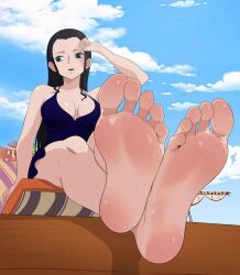 2d badbadfish barefoot feet female female_only foot_fetish foot_focus full_color nico_robin no_penetration one_piece small_breasts solo solo_female