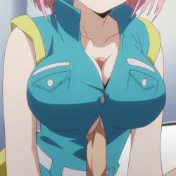 ai_generated bell_hydra blood_lad cleavage denim_clothing edit female head_out_of_frame large_breasts nai_diffusion paizuri paizuri_under_clothes penis pink_hair short_hair underboob