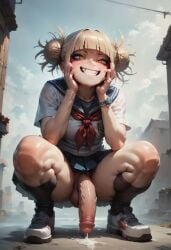 1futa ai_generated babski326 bangs big_penis black_socks blonde_hair blunt_bangs cum cum_drip cum_dripping_from_penis cum_leaking double_bun fangs flaccid full_body futanari grin hair_bun hands_on_own_cheeks hands_on_own_face himiko_toga kneehighs large_penis looking_at_viewer messy_hair my_hero_academia neckerchief no_panties outdoors pleated_skirt pubic_hair red_neckerchief sailor_collar sailor_uniform school_uniform serafuku shoes short_hair short_sleeves skirt sky smile sneakers socks solo solo_futa squatting teeth testicles veiny_penis watch white_footwear yellow_eyes