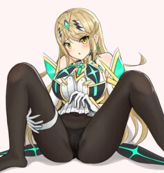 1girls bangs bare_shoulders black_panties blonde_hair blush breasts cameltoe dress earrings elbow_gloves female fully_clothed gem gloves hair_ornament headpiece jewelry large_breasts legs long_hair looking_at_viewer mythra nintendo open_mouth panties panties_under_pantyhose shy simple_background skin_tight solo sssemiii swept_bangs tiara underwear very_long_hair white_dress xenoblade_(series) xenoblade_chronicles_2 yellow_eyes