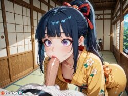 ai ai_generated anime ass balls big_dick big_penis blowjob blue_hair dark_hair femboy gay genitals highres hips kikunojo kimono male male_only massive_penis one_piece partially_clothed penis purple_eyes slim_waist uncensored userzon waist yaoi