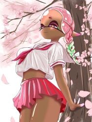 2024 anime_style background bedroom_eyes black_body black_mask breasts cherry_blossom cherry_blossom_tree dark-skinned_female dark_body dark_skin digital_drawing_(artwork) dipstick_fingers frye_(splatoon) frye_onaga hi_res inkling multicolored_hair nintendo pink_eyebrows pink_eyelashes pink_eyes pink_hair pink_skirt pseudo_hair school_girl school_uniform schoolgirl schoolgirl_uniform skirt smiling splatoon splatoon_(series) splatoon_3 stomach t2ukmyjm tentacle tentacle_hair uniform uniform_top