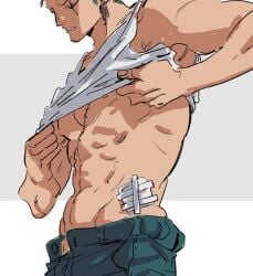 bandage dressing dressing_up facial_scar guillartee human_artist male male_only muscular muscular_male no_ai one_piece post-timeskip roronoa_zoro scar scar_on_eye scar_on_face solo solo_focus wounded