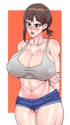 1girls artist_request big_breasts blush brown_hair cameltoe chainsaw_man cleavage female female_only higashiyama_kobeni jean_shorts large_ass looking_back navel nipples_visible_through_clothing octorock777 pussy solo solo_female solo_focus thick_thighs thighs wide_hips