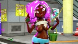 3d colored_nipples cum cum_in_breasts cum_in_mouth dark-skinned_female dark_skin female female_only flashing flashing_breasts gradient_hair looking_at_viewer loyal_lewd octoling octoling_girl pink_hair pink_nipples public sfm solo solo_female solo_focus splatoon splatoon_(series)