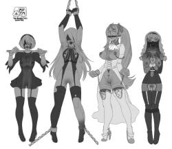 alternate_costume ball_gag bdsm_collar bit_gag blindfold blindfolded bondage bondage bondage_gear butterfly_gag collar collared cuff_(restraint) drool drooling exposed_breasts exposed_pussy gag gagged latex latex_dress my_pet_tentacle_monster nier:_automata nipple_clamps operator_6o pierced_nipples posture_collar pussy_juice ring_gag see-through_clothing sketch stocks tongue yorha_2b yorha_a2 yorha_commander