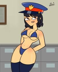 big_breasts bikini blue_hair bra disventure_camp female female_only hat long_socks lucia_(disventure_camp) medium_hair office police police_hat thong unknown_artist