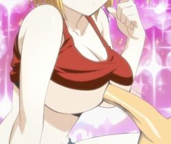 1boy 1girls ai_generated bell_hydra blonde_hair blood_lad cleavage edit female hands-free_paizuri head_out_of_frame large_breasts large_penis low_cut_top midriff nai_diffusion paizuri paizuri_under_clothes penis shirt_lift smile underboob