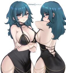 1girls absurdres alternate_version_available bare_arms bare_shoulders big_ass black_choker black_dress blue_eyes blue_hair breasts byleth_(female)_(fire_emblem) byleth_(fire_emblem) byleth_(fire_emblem)_(female) chascoby choker cleavage clothed clothed_female commentary crossed_arms dress female female_only fire_emblem fire_emblem:_three_houses highres large_breasts long_hair looking_at_viewer meme_attire modakawa_dress multiple_views nintendo parted_lips simple_background sleeveless sleeveless_dress solo upper_body white_background