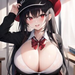 ai_generated black_hair busty hat nemus_waifu_generator original red_eyes schoolgirl