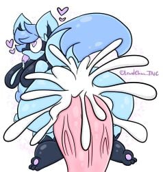 anthro ass big_penis blue_body bodily_fluids breasts cum cum_inside ejaculation female generation_4_pokemon genital_fluids genitals heart_symbol hi_res huge_cock lewdchuu_(artist) nintendo penetration penis pokemon pokemon_(species) pyon_(lewdchuu) riolu solo tail tongue tongue_out