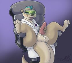 balls bottomless clothed clothing erection eyewear goggles lab_coat lutrine male male_only mammal masturbation mustelid open_mouth semi-anthro smile solo thick_thighs xilrayne