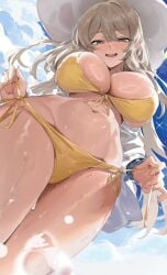 1girls artist_request bikini blonde_hair blue_archive breasts female green_eyes hat high_resolution hips huge_breasts light-skinned_female light_skin long_hair nonomi_(blue_archive) outdoors thick_thighs thighs wet wide_hips