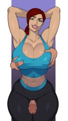 1boy 1girls abs athletic_female big_breasts breast_grab clothed_female consensual edit faceless_male female female_on_male female_on_top fondling_breast male maximum_strike_edit muscular_female nonpenetrative_sex red_hair simple_background thigh_sex zpark