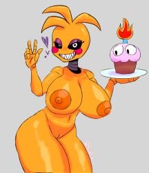 1female 1girls animatronic anthro big_breasts breasts commission completely_nude cupcake_(fnaf) five_nights_at_freddy&#039;s five_nights_at_freddy&#039;s_2 furry nude nude_female peace_sign pussy suglir thick_thighs thighs toy_chica_(fnaf) video_games yellow_body