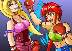 2girls ayane's_high_kick ayane_mitsui belly belly_punch big_breasts blonde_hair colored doujin doujinshi female female_focus female_only fist large_boobs large_breasts multiple_girls red_eyes red_hair ryona sakurako_miyagawa