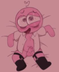 1boy arms_spread bed blush body_pillow_design laying_on_bed legs_apart male_focus male_only pim_(smiling_friends) precum r0b0bits smaller_male smiling_friends sock_garters solo solo_male toony