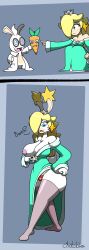 1girls blonde_hair buckteeth carrot chabble female glasses lab_coat mario_(series) mario_+_rabbids mario_+_rabbids:_sparks_of_hope power_up princess_rosalina professor_e._gadd rabbid rabbid_rosalina rabbit rabbit_ears rabbit_girl rabbit_humanoid rabbit_tail raving_rabbids self_upload star_bunny stripping super_mario_galaxy swirly_glasses transformation