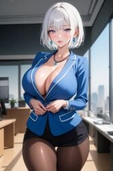 1girls ai_generated blue_eyes blush bob_cut business_attire business_woman cleavage_window large_breasts leggings lewdwaifulaifu looking_at_viewer neck_lenght_hair office office_clothing office_lady short_hair slim_waist thick_thighs unbuttoned_shirt white_hair wide_hips