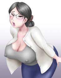 blush breasts cleavage covered_nipples female glasses huge_breasts leaning_forward looking_at_viewer mature_female milf open_mouth orca_(artist) original puffy_nipples solo