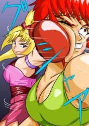 2girls ayane's_high_kick ayane_mitsui belly belly_punch big_breasts blonde_hair colored doujin doujinshi female female_focus female_only fist large_boobs large_breasts multiple_girls red_eyes red_hair ryona sakurako_miyagawa