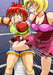 2girls ayane's_high_kick ayane_mitsui belly belly_punch big_breasts blonde_hair colored crying crying_with_eyes_open doujin doujinshi female female_focus female_only fist large_boobs large_breasts multiple_girls red_eyes red_hair ryona sakurako_miyagawa tears tears_of_pain