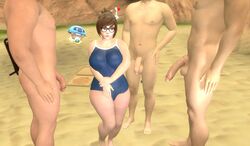 3d barefoot big_breasts bikini breasts brown_hair chubby clothed_female clothed_female_nude_male curvy feet female glasses large_breasts large_penis male mei_(overwatch) overwatch penis ponkosfm source_filmmaker standing straight swimsuit testicles thick_thighs toes wide_hips