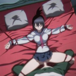 1boy 1girls ai_generated bed black_hair blood_lad bondage closed_eyes clothed_sex edit female large_breasts lying_on_bed missionary_position nai_diffusion on_bed pussy school_uniform serafuku sex short_hair skirt tied_to_bed tied_up yanagi_fuyumi