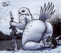 2024 anthro ass avian beak big_butt bird breasts clothing feathers female footwear genitals gun high_heels kneeling looking_back narrowed_eyes nipples non-mammal_breasts non-mammal_nipples nude outside owl pussy ranged_weapon signature sligarthetiger snow solo thick_thighs weapon white_body white_feathers