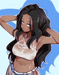 1girls armpit armpits arms_up avatar_legends avatar_the_last_airbender bedroom_eyes belly belly_button big_breasts blue_eyes busty clothes dark-skinned_female dark_skin female female_only hair_down katara large_breasts messy messy_hair mostly_clothed nipple_bulge seductive seductive_eyes seductive_look swimsuit swimwear tummy water water_tribe wet wet_body wet_hair wet_shirt wet_skin yutakke