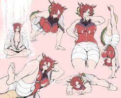 1girls 2d clothed_female comic_hand dragon_girl dragon_tail duel_monster exercise female female_only horns muscular_female one-handed_push_up red_hair shorts splits sweaty training waterfall_shower yu-gi-oh! zoodiac_drident