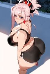 1girls ai_generated artstyle_imitation ass blue_eyes breasts dat_ass fate/grand_order fate_(series) female floox gym_shorts gym_uniform high_resolution huge_ass huge_breasts large_breasts light-skinned_female light_skin long_hair miyamoto_musashi_(fate) pink_hair stable_diffusion thiccwithaq_(ai_style) thick_thighs