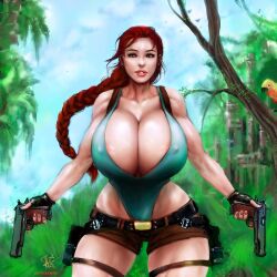 1girls amrrr big_breasts braided_ponytail breasts brown_hair busty cleavage curvaceous curvy curvy_body curvy_female curvy_figure female gun guns handgun huge_breasts jungle lara_croft lara_croft_(classic) large_breasts solo thick_thighs thighs tomb_raider voluptuous wide_hips