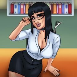 1girls 2d 2d_(artwork) black_hair bra breasts button_down_shirt cleavage clothed clothing digital_drawing_(artwork) digital_media_(artwork) fangs female female_focus female_only glasses jane_(summertime_saga) joakadraws light-skinned_female light_skin looking_at_viewer nose_piercing piercing presenting sitting skirt smile smiling solo solo_focus summertime_saga