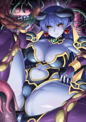 armor astaroth_(shinrabanshou) black_leotard black_sclera blue_hair blue_nails blue_skin breasts bridal_gauntlets censored cleavage clenched_teeth clothing_cutout colored_sclera colored_skin commentary_request demon_girl demon_horns earrings feet_out_of_frame female hassen_(8cm) heart heart_earrings highres holding_tentacle horns jewelry large_breasts leotard looking_at_viewer mosaic_censoring navel pantyhose pointy_ears purple_bridal_gauntlets purple_pantyhose pussy_juice shinrabanshou shoulder_armor slit_pupils stomach_cutout sweat teeth tentacle yellow_eyes