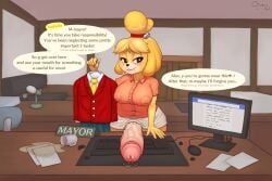 5_fingers absurd_res animal_crossing anthro balls big_breasts big_penis bite biting_lip biting_own_lip blonde_hair blush bodily_fluids bottomwear breasts brown_eyes canid canine canis clothed clothing curvy_figure desk dialogue domestic_dog dress_shirt embarrassed erection erection_under_skirt fingers first_person_view ftg_crossgender fti_crossgender fur furniture genital_fluids genitals glans gynomorph hair hanger heart_symbol hi_res huge_cock humanoid_genitalia humanoid_penis intersex isabelle_(animal_crossing) leaking_precum mammal narrowed_eyes nintendo nipple_outline office oliversart partially_clothed_anthro partially_clothed_gynomorph partially_clothed_intersex penis pink_glans precum shih_tzu shirt skirt solo_focus speech_bubble sweat sweatdrop sweaty_face table talking_to_viewer teeth text thick_penis topwear toy_dog vein veiny_penis wide_hips yellow_body