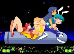 2girls akane_(parodius) bimbo blonde_hair blush breast_grab breasts bunny_ears bunny_tail bunnysuit city earrings faceless_male female from_behind from_behind_position grabbing high_heels hikaru_(parodius) konami leg_grab looking_back male minus8 missile night night_sky nipple_bulge nipples nipples_visible_through_clothing one_eye_closed oral parodius penis saliva sex star_(sky) starry_sky straight sucking sucking_testicles teal_hair tongue tongue_out upside-down video_games wink x-ray