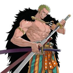 1adult 1male 1man adult_only adults_only armlet cape fur_cape fur_coat green_hair grin guillartee human human_artist katana male male_only muscular muscular_male no_ai one_piece roronoa_zoro sideburns smile solo sword topless topless_male weapon