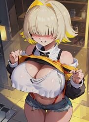 ai_generated bangs bare_shoulders blonde_hair blush breasts cleavage clothes_lift clothing crop_top cutoffs denim denim_shorts elegg_(nikke) female female_only goddess_of_victory:_nikke grin hair_intakes hair_over_eyes hair_over_one_eye hi_res huge_breasts indoors large_breasts long_bangs long_sleeves looking_at_viewer mabi_ai midriff multicolored_hair navel original see-through shirt shirt_lift short_hair short_shorts shorts smile solo standing suspenders thigh_gap thighs