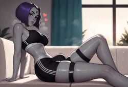 1futa ai_generated bulge bulge_through_clothing dc dc_comics erect_penis erection futa_only futa_sans_pussy futanari hearts huge_cock implied_futanari raven raven_(dc) solo steam steaming_body sweating tagme teen_titans wet workout_clothes