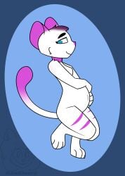 absurd_res anthro blue_eyes breasts collar domestic_cat felid feline felis female hair hi_res mammal nude pink_hair pregnant sleepysheepy17 solo tail white_hair