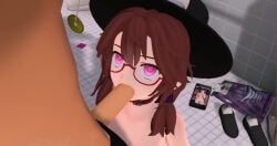 1boy 1girls 3d animated black_headwear brown_hair commentary decader11 english_commentary fellatio glasses holed_coin hypnosis indoors mmd penis pink_eyes sound straight sumireko_usami tagme touhou usami_sumireko video