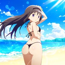 1girls ai_generated akemi_homura ass ass_focus beach black_hair human human_only long_hair looking_at_viewer looking_back madoka_worship magia_record:_mahou_shoujo_madoka_magica_gaiden mahou_shoujo_madoka_magica outdoor outdoors outside puella_magi_madoka_magica